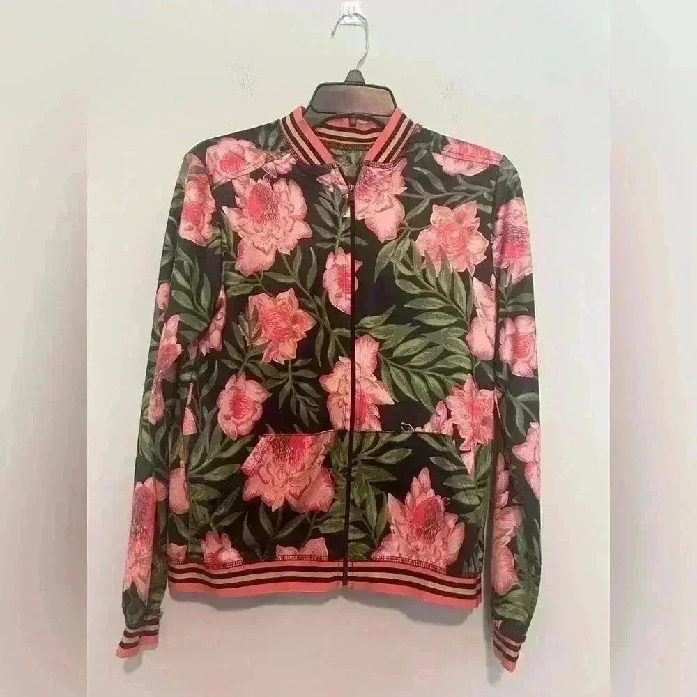Beyond Yoga True Stripes Floral Bomber Jacket Lightweight Women Small